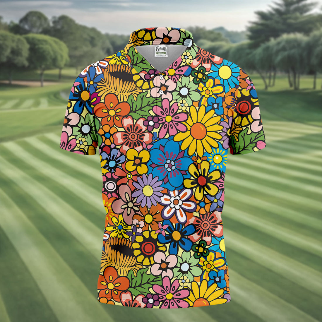 Multicolor Retro Flower Power Golf Shirt, Mens Golf Polo, Hawaiian Golf Shirt, Golf Apparel For Men