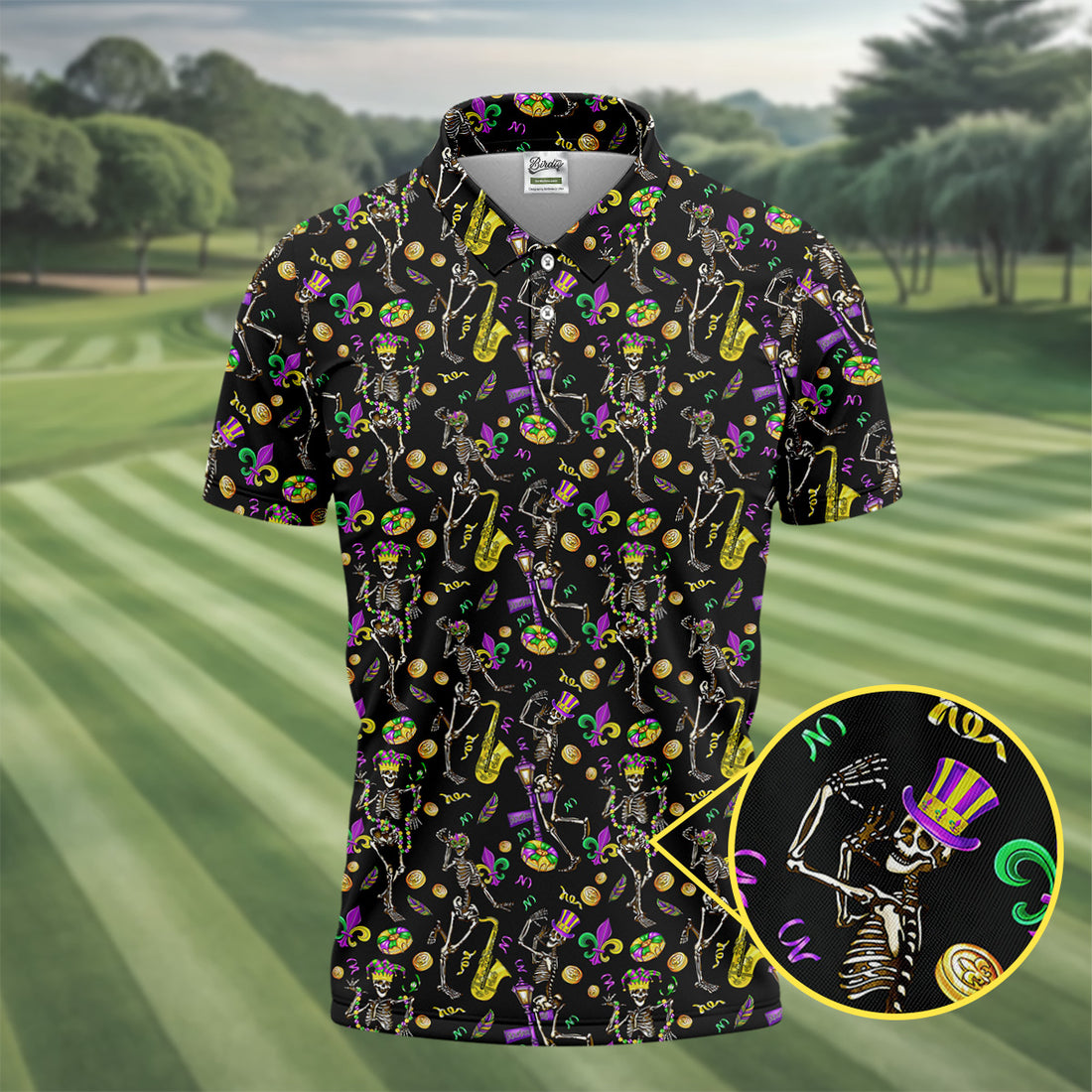 Dancing Skeleton Mardi Gras Fleur De Lis Black Golf Shirt, Polo Shirts For Men, Golf Shirts For Men