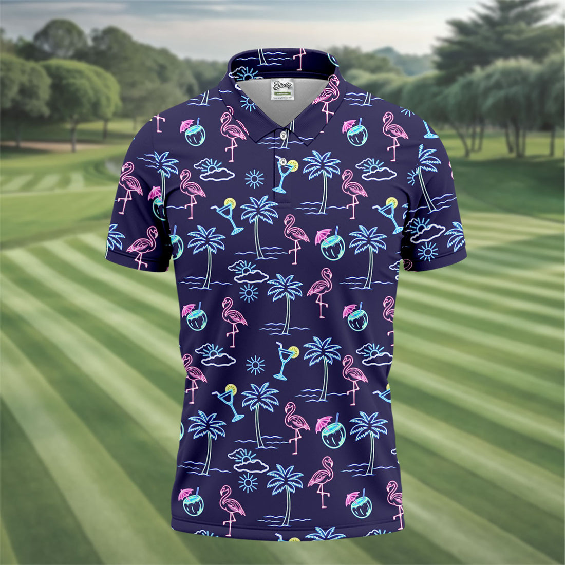Neon Line Tropical Flamingo Hawaiian Golf Shirt, Polo Shirts For Men, Golfing Apparel
