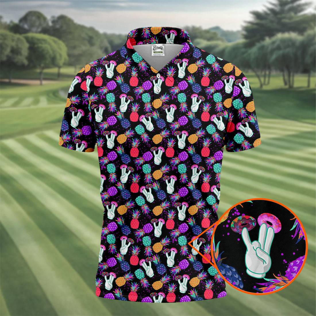 Hawaiian Pineapples Donut Finger Turquoise Orange Purple Fun Golf Shirts For Men, Polo Shirts For Men