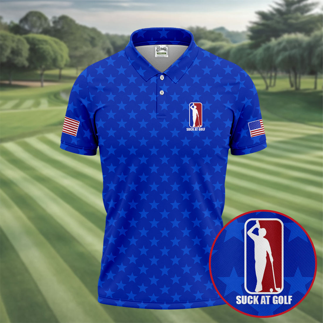 Suck At Golf Patriotic 4th Of July Stars Pattern Blue Golf Shirt, 250th Anniversary Golf Shirts For Men