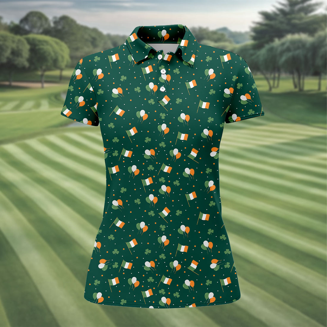 Blue White Orange Confetti Balloons Irish Flag St Patrick's Day Golf Shirt, Women's Golf Tops, Ladies Golf Shirts