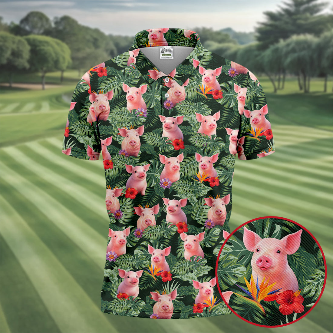 Cute Pig Tropical Monstera Hawaiian Golf Polo Shirt, Hawaiian Golf Shirt, Golf Shirts For Men