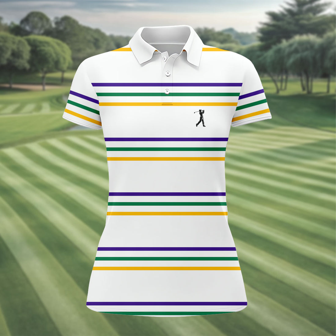 Mardi Gras Purple Green Gold Stripe Pattern Women White Golf Shirt, Ladies Golf Polos, Golf Shirt For Women