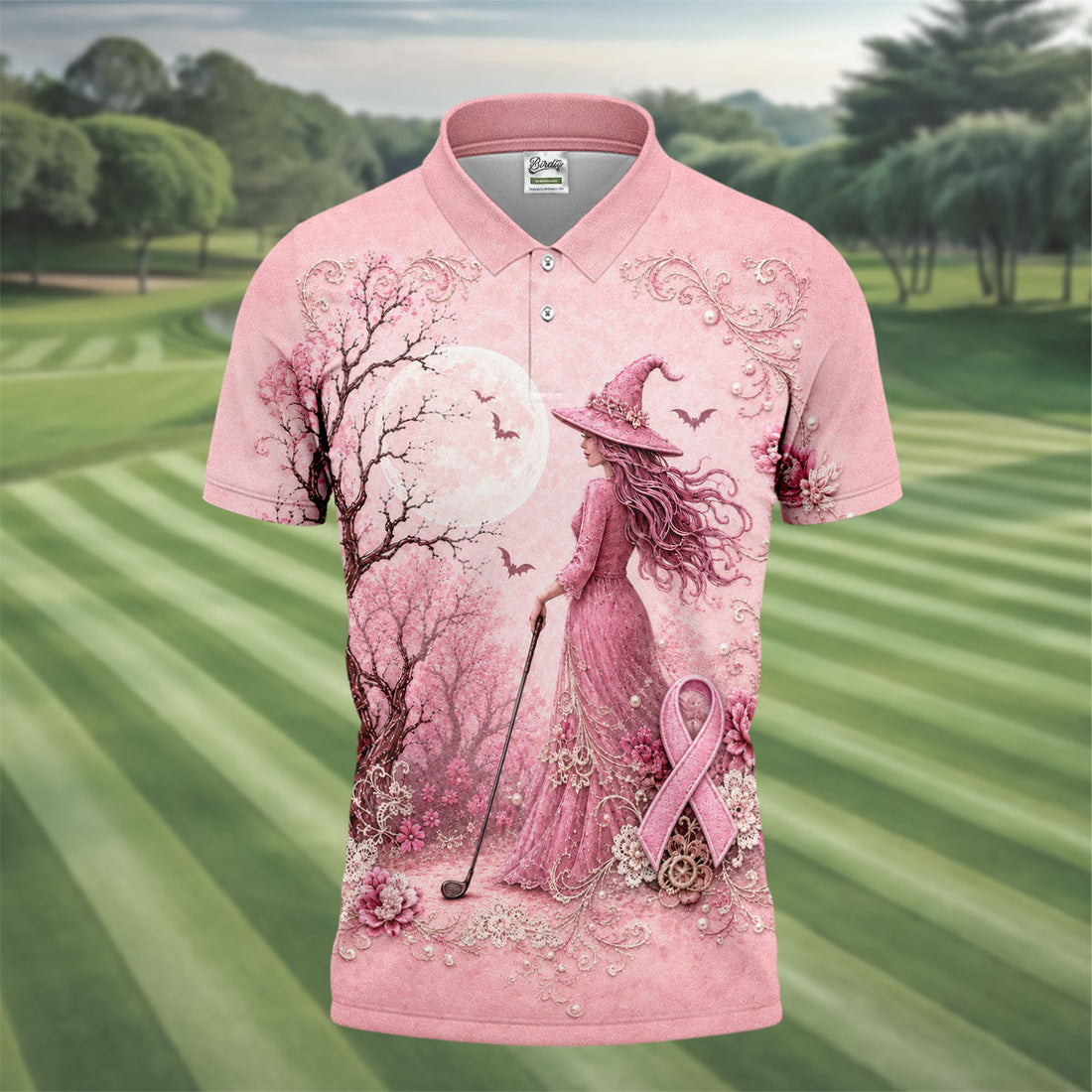 Breast Cancer Awareness Pink Witch Moon Mens Golf Polo, Polo Shirts For Men
