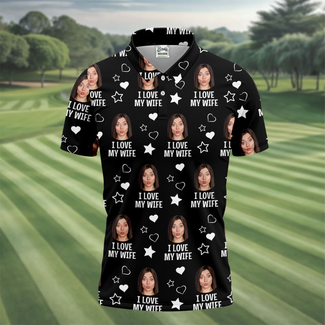 I Love My Wife Custom Face Black Golf Shirt, Fun Golf Shirts For Men, Valentines Golf Gift, Polo Shirts For Men