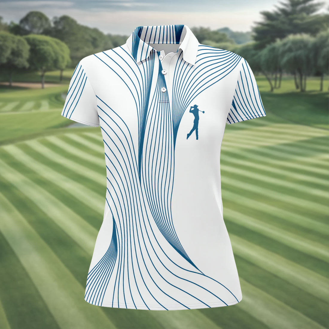 Geometric Line Wavy Line Blue And White Women's Golf Tops, Ladies Golf Shirts, Women's Polo Shirt