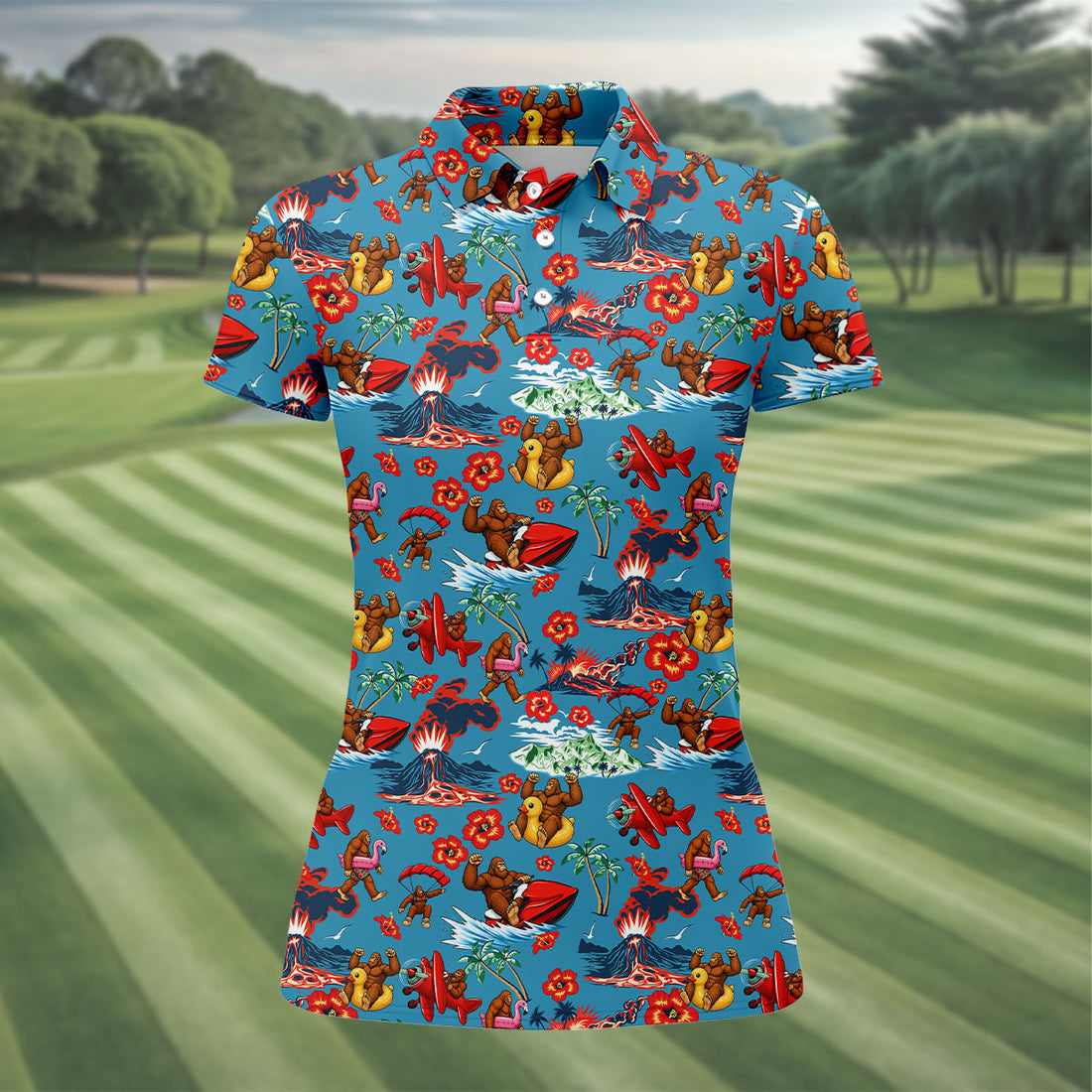 Funny Bigfoot Tropical Summer Hawaiian Golf Shirt, Women's Golf Tops, Ladies Golf Shirts