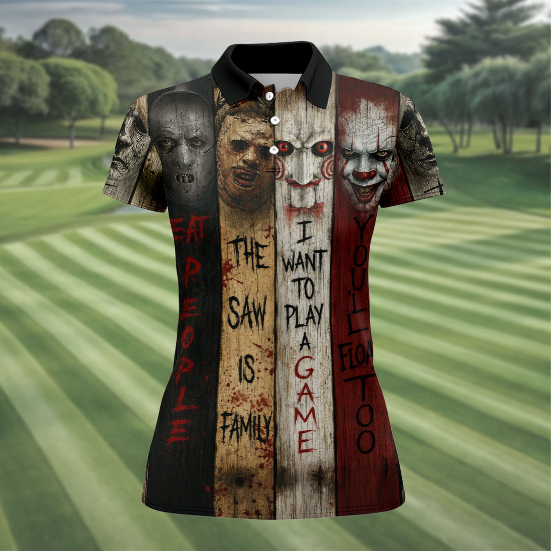 Vintage Wood Panel Horror Character Halloween Golf Shirt, Women's Golf Apparel, Printed Golf Shirt