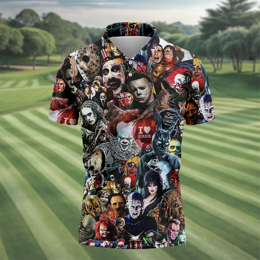 Classic Horror Icons Collage Halloween Golf Shirt, Mens Golf Polo, Printed Golf Shirts