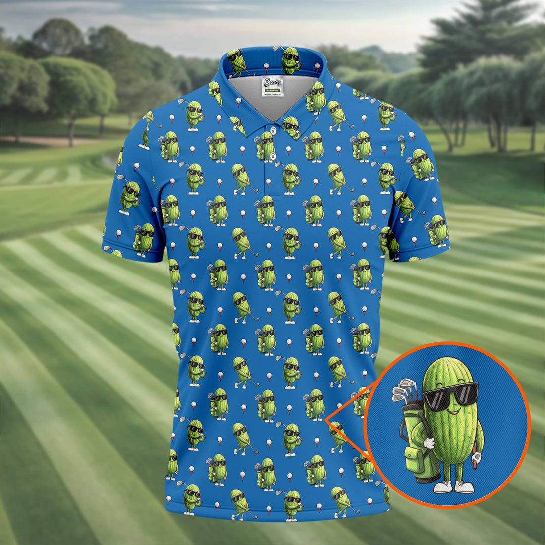 Cartoon Cactus Golfer Blue Golf Shirt, Mens Golf Polo, Golf Apparel For Men, Printed Golf Shirts