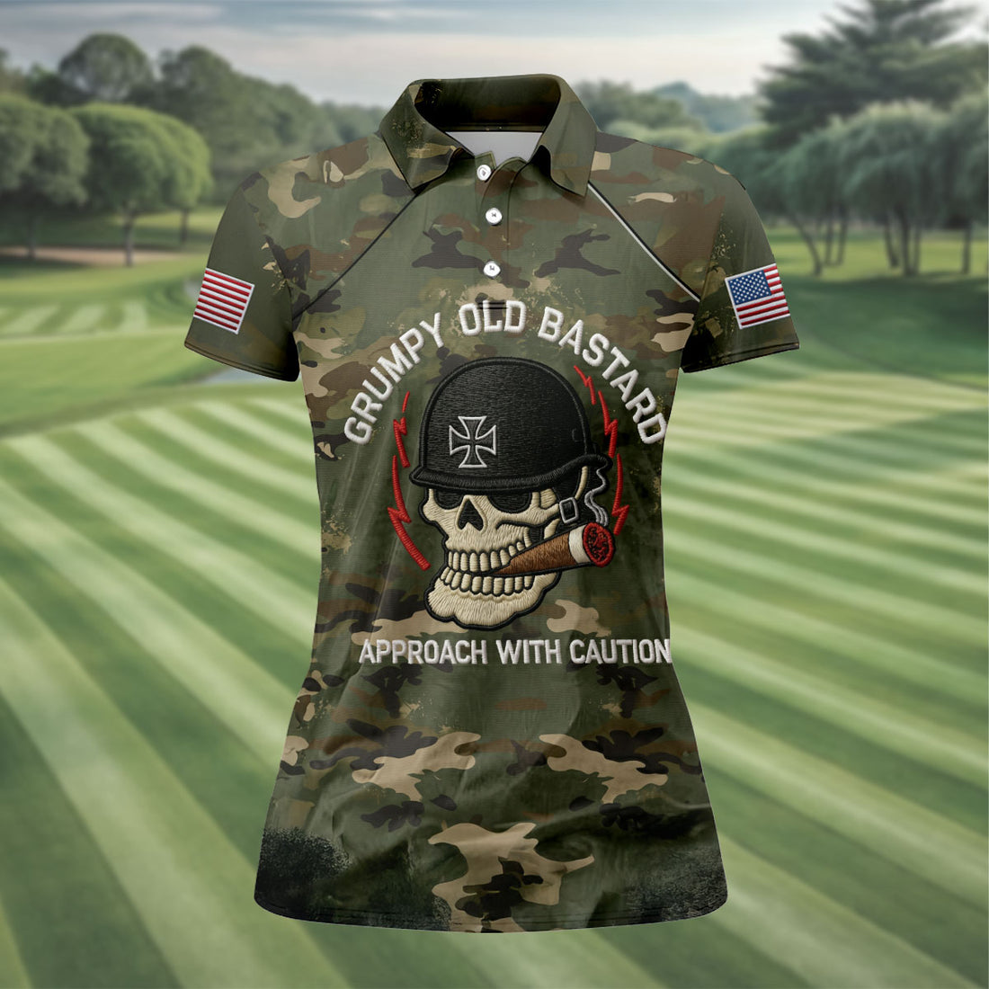 Grumpy Old Bastard Skull Camo Polo Shirt, Patriotic Military Polo, Golf Shirts For Women