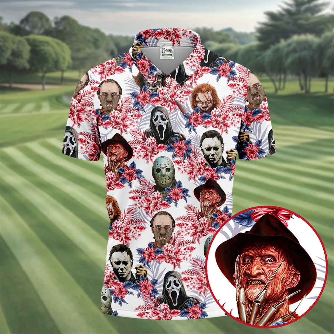 Tropical Horror Character Halloween Golf Shirt, Mens Golf Apparel, Hawaiian Golf Shirt