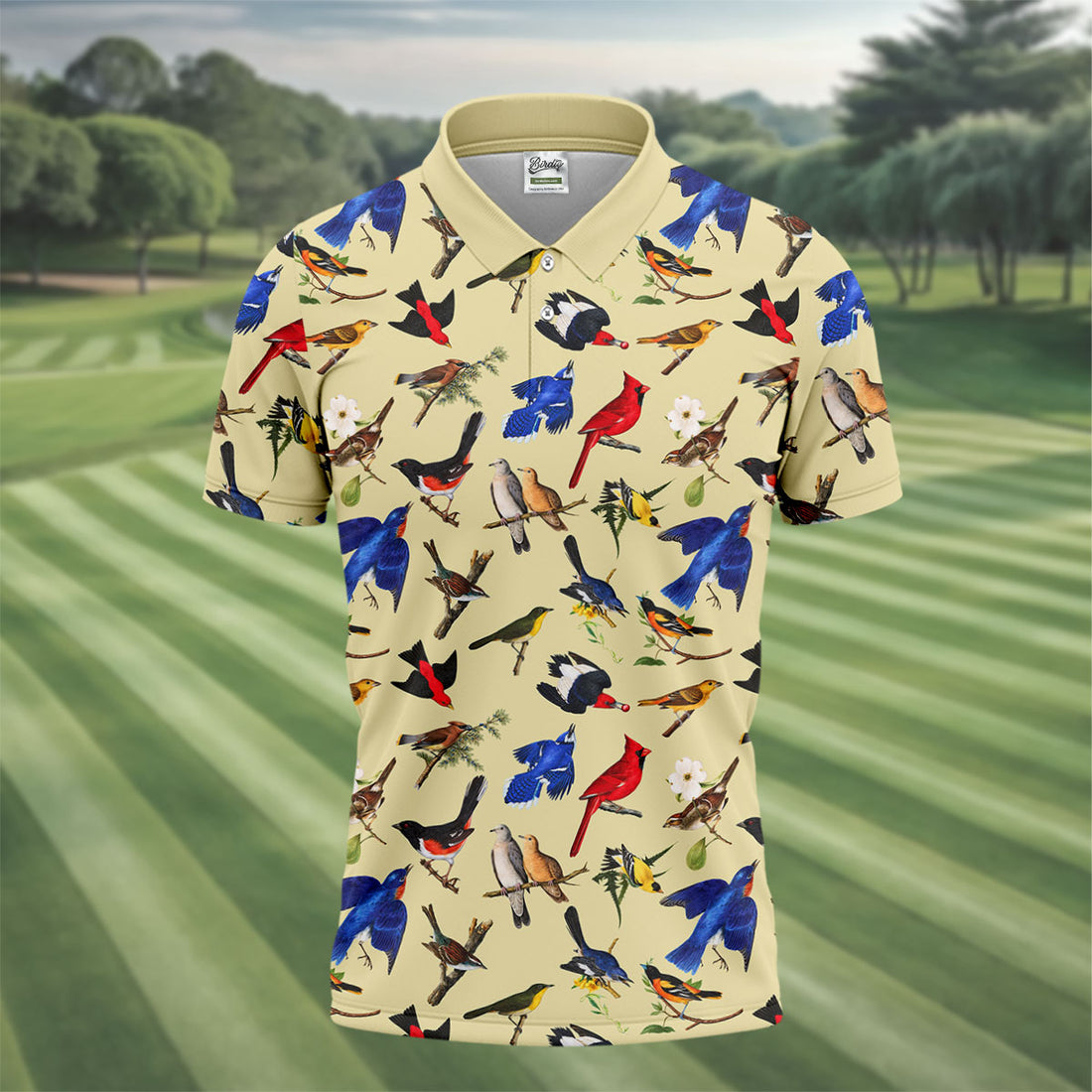 Vintage Colorful Wild Bird Pattern Golf Polo Shirt, Golf Shirts For Men, Mens Golf Apparel