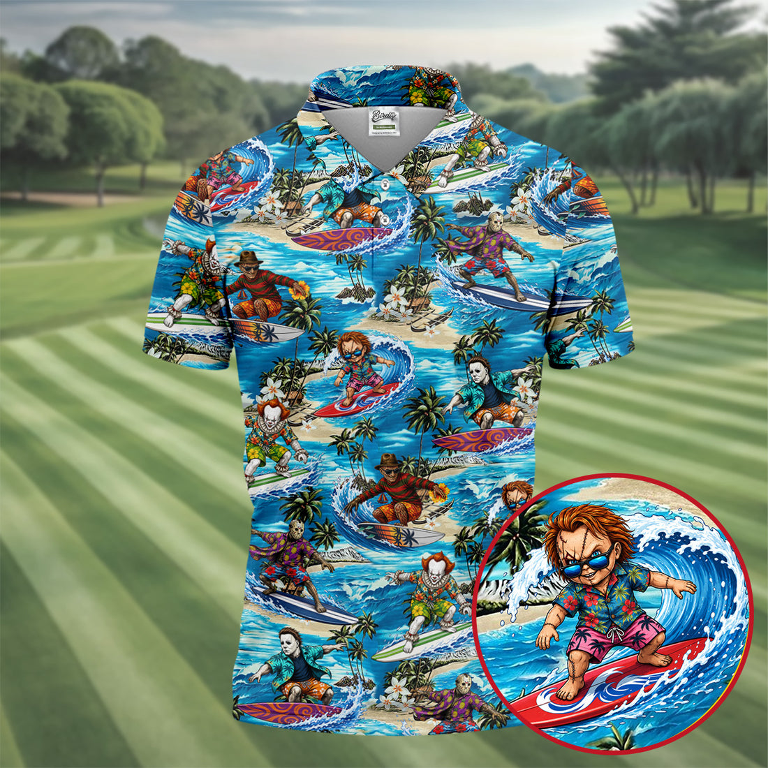 Horror Character Surfing Hawaiian Golf Shirt, Tropical Slasher Golf Shirt, Golf Shirts For Men