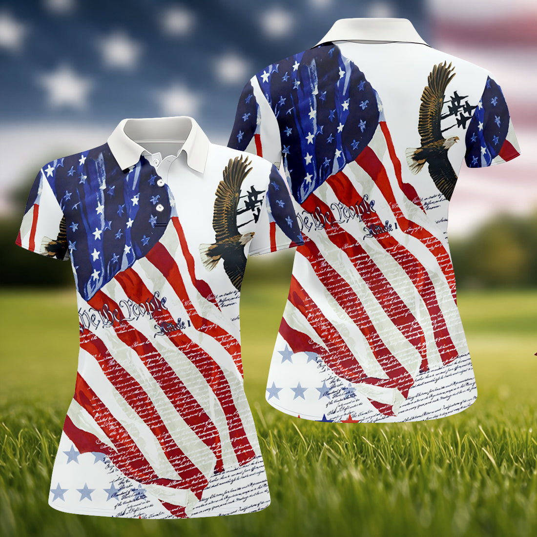 We The People Bald Eagle American Flag Women's Golf Tops, 250th Anniversary Patriotic Golf Shirt