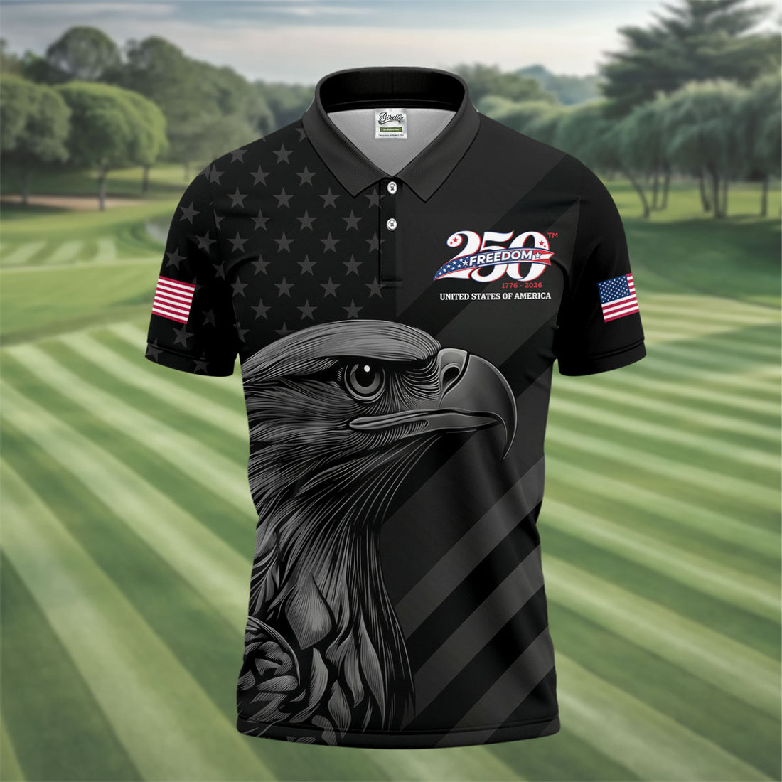 Blackout American Flag Freedom Eagle Men's 250 Years USA Patriotic Golf Shirt, 4th of July Golf Shirt