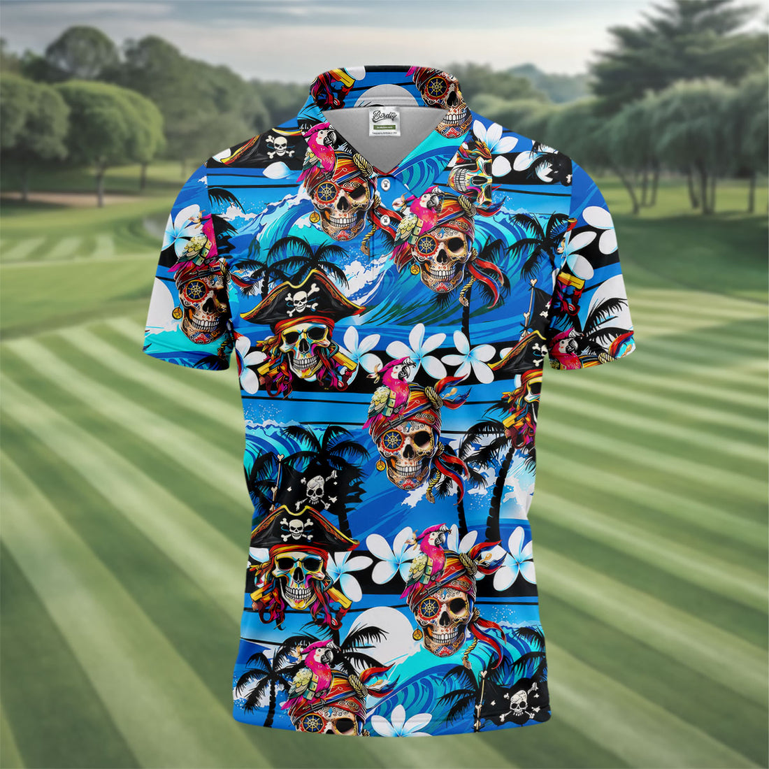 Pirate Skull Tropical Theme Hawaiian Golf Shirt, Fun Halloween Men's Golf Shirt, Polo Shirts For Men