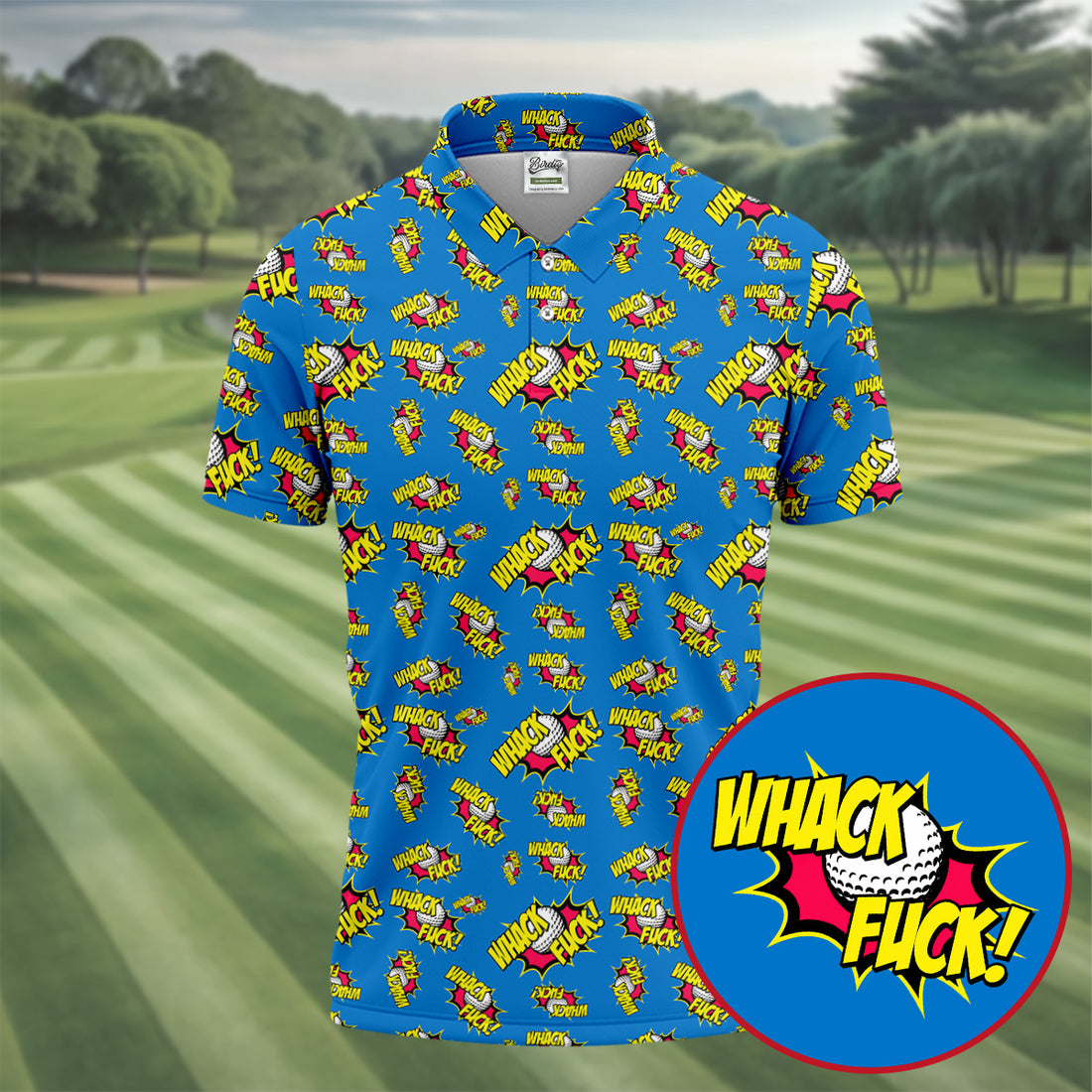 Whack Fuck Comic Golf Ball Pattern Golf Shirt, Men's Golf Shirt, Golf Apparel For Men