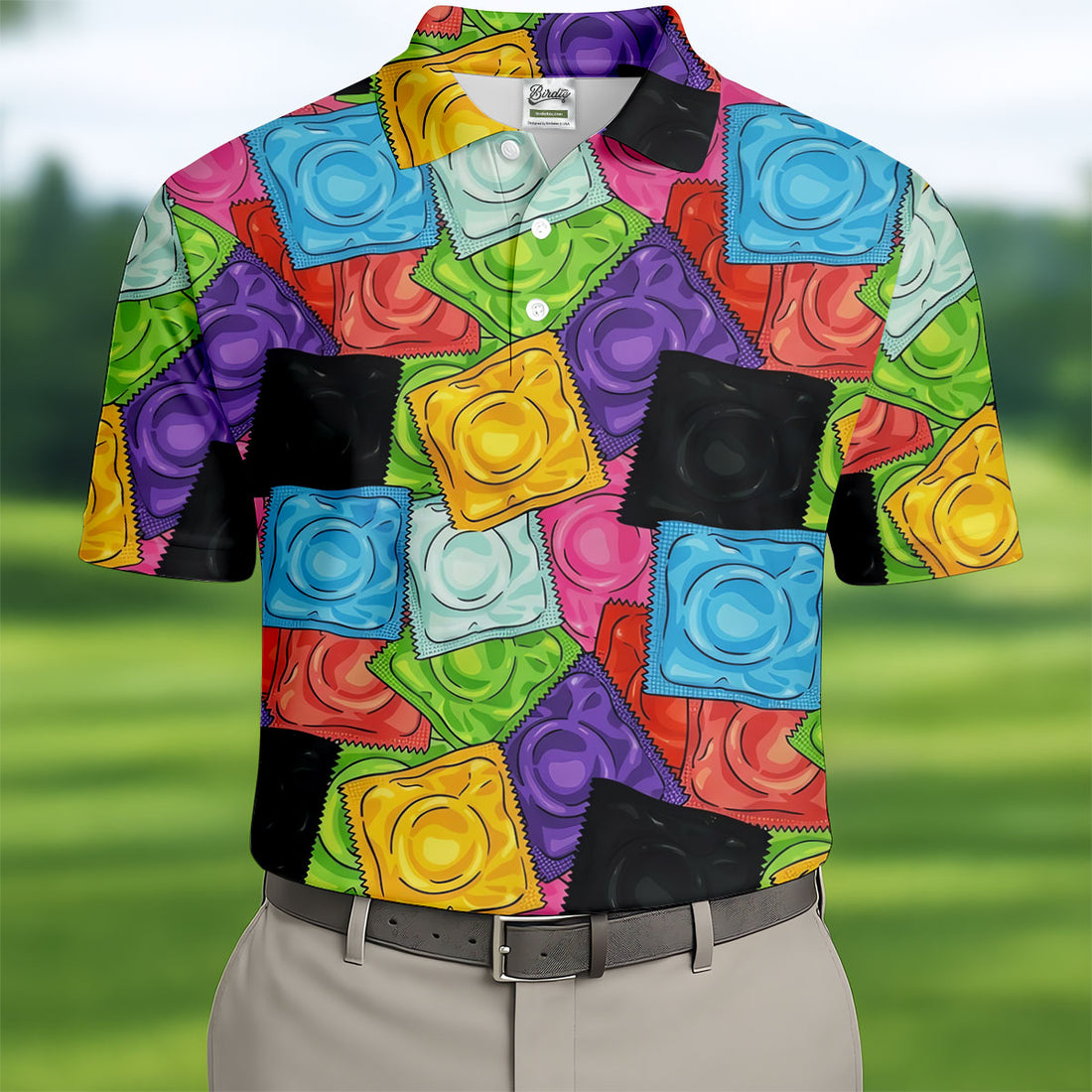 Funny Condom Wrapper Pattern Golf Polo Shirt, Men's Golf Shirts, Novelty Golf Apparel For Men