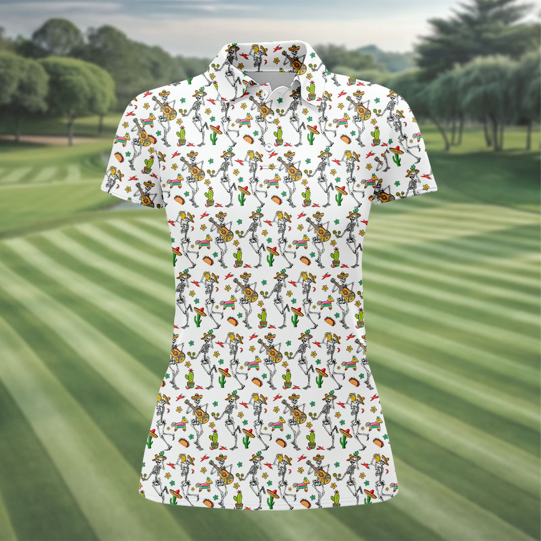 Dia De Muertos Skeletons Cinco De Mayo Celebration Fiesta Themed White Golf Shirt For Women