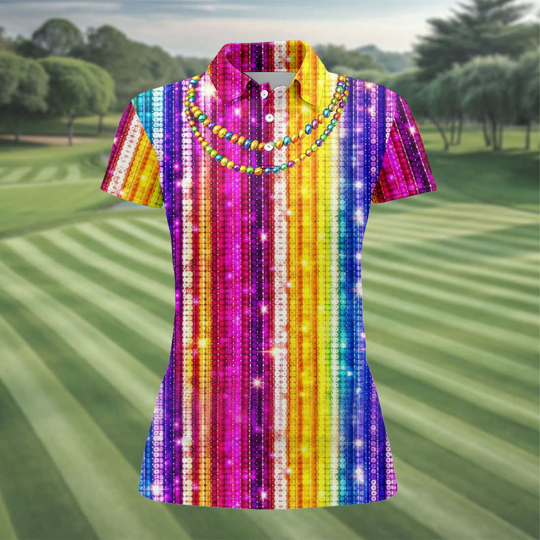 Mardi Gras Sequinned Glitter Print Women's Golf Shirts, Ladies Golf Polos, Golf Shirt For Women