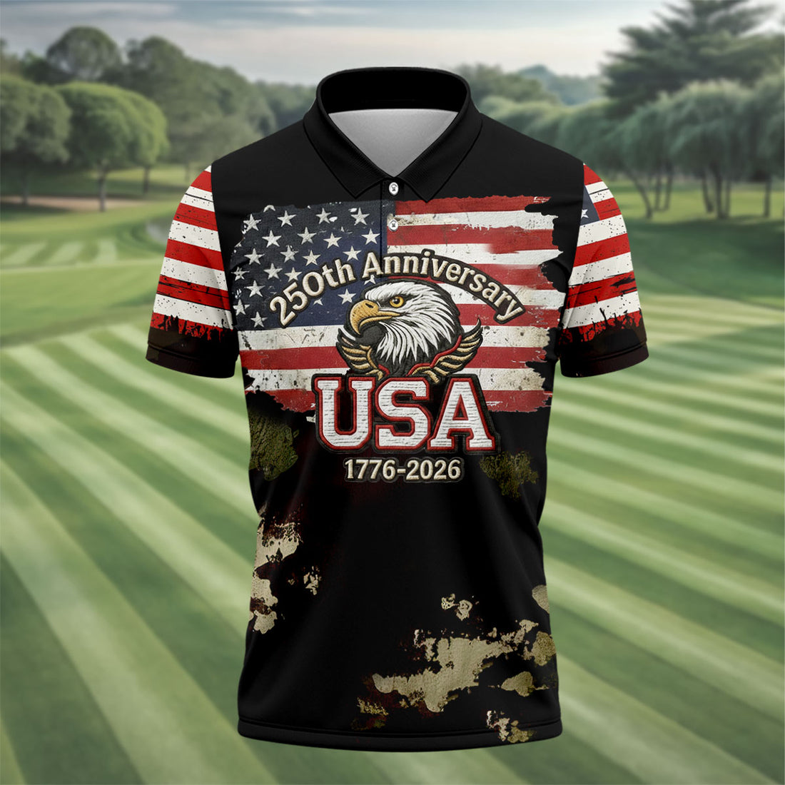 250th Anniversary USA 1776-2026 Distressed Flag Men's Golf Polo Shirt, Patriotic 4th Of July Golf Shirt