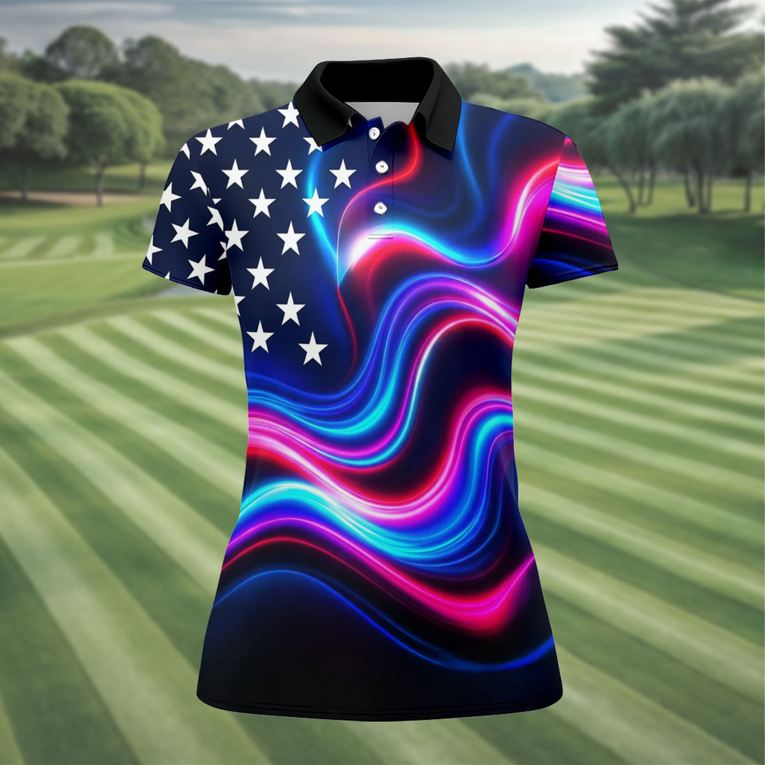Star Pattern Neon Color Wavy Stripes 250th Anniversary, Patriotic 4th Of July Golf Shirt For Women