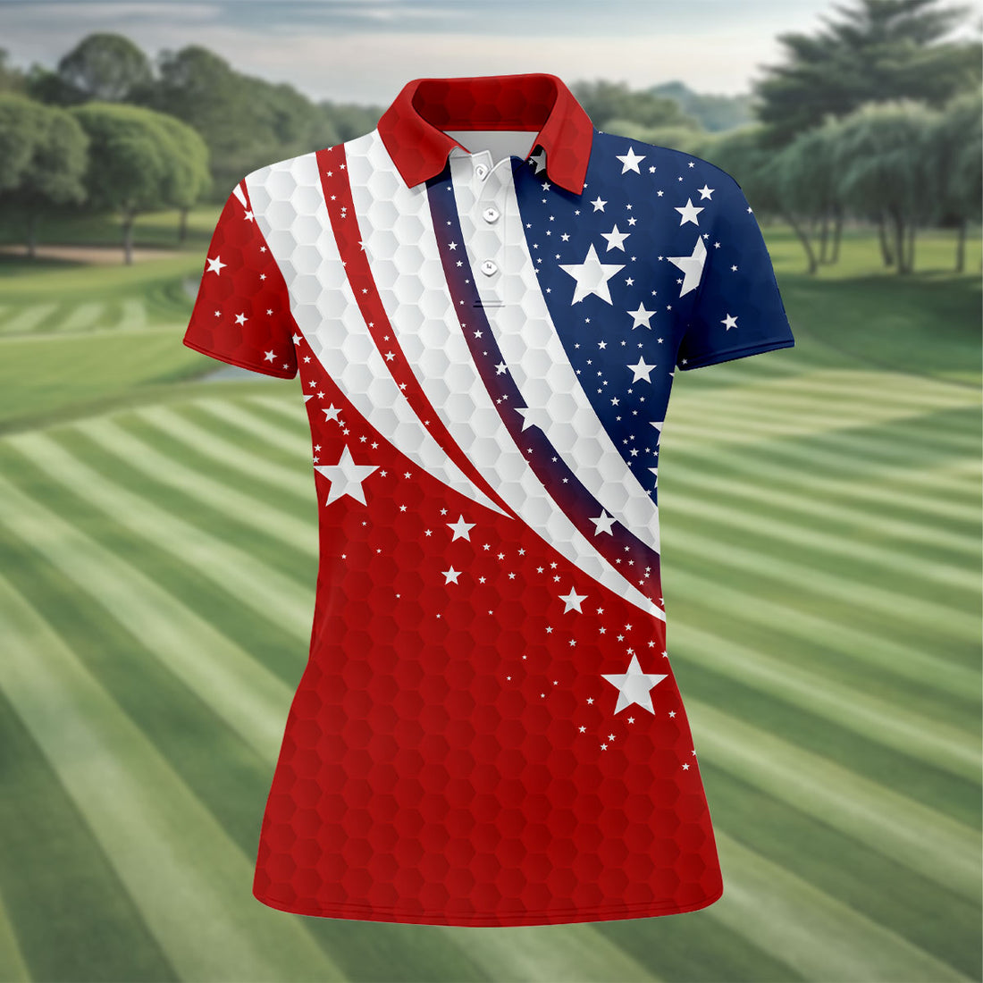 Stars And Stripes Golf Ball Pattern Patriotic 4th Of July Golf Shirt, 250 Celebration Golf Shirt For Women