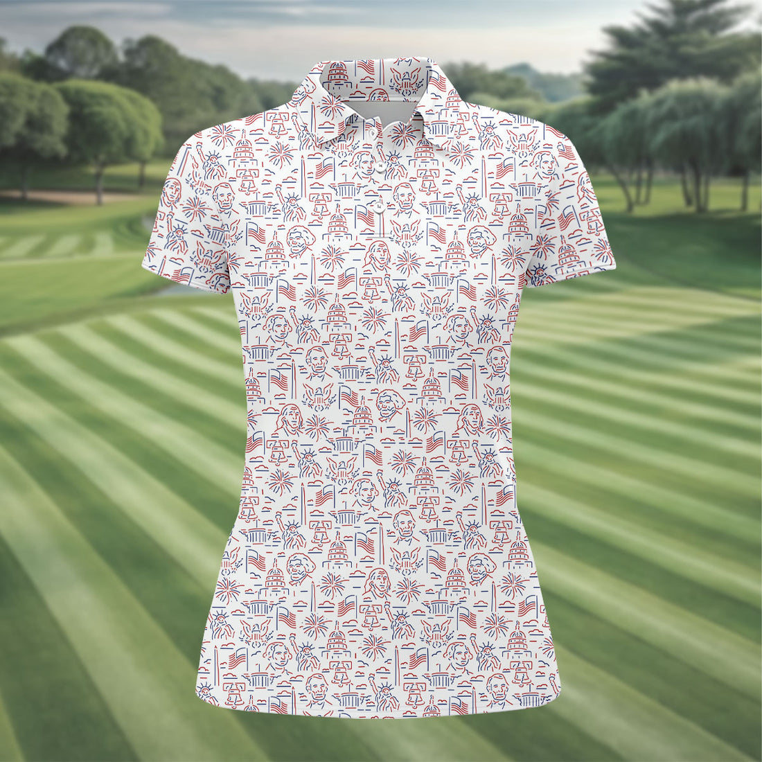 Red White Blue Outlined Patriotic American 250th Anniversary White Golf Shirt, 4th Of July Golf Shirt For Women