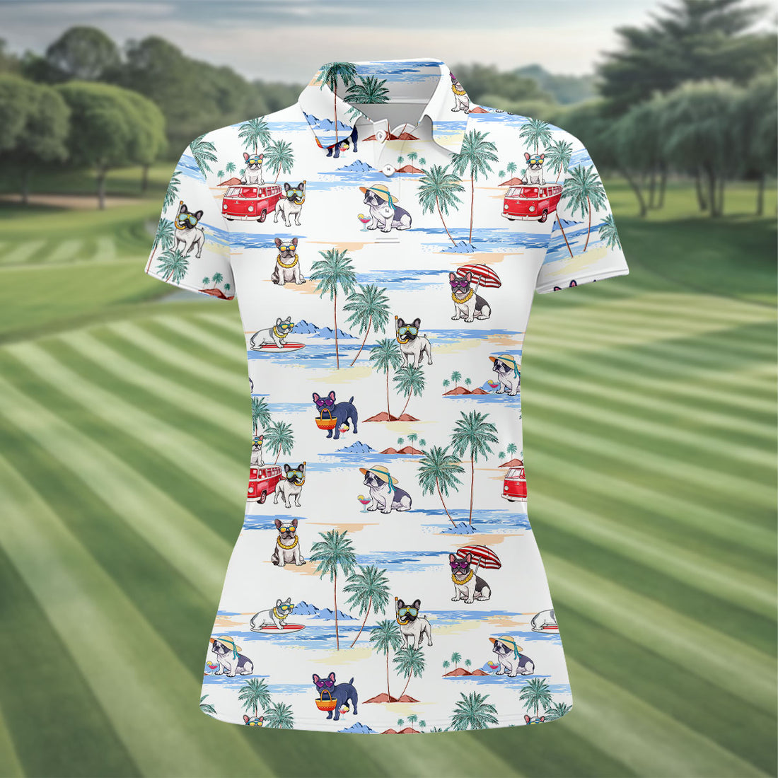 French Bulldog Beach Vacation Hawaiian Golf Polo Shirt, Ladies Golf Tops, Golf Polo For Women