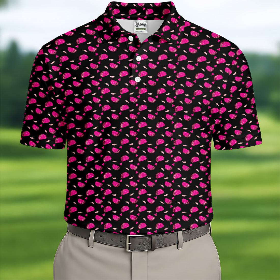 The Pink Taco Seamless Pattern Black Golf Shirt, Golf Tops For Men, Tacos Lover Golf Gift For Men