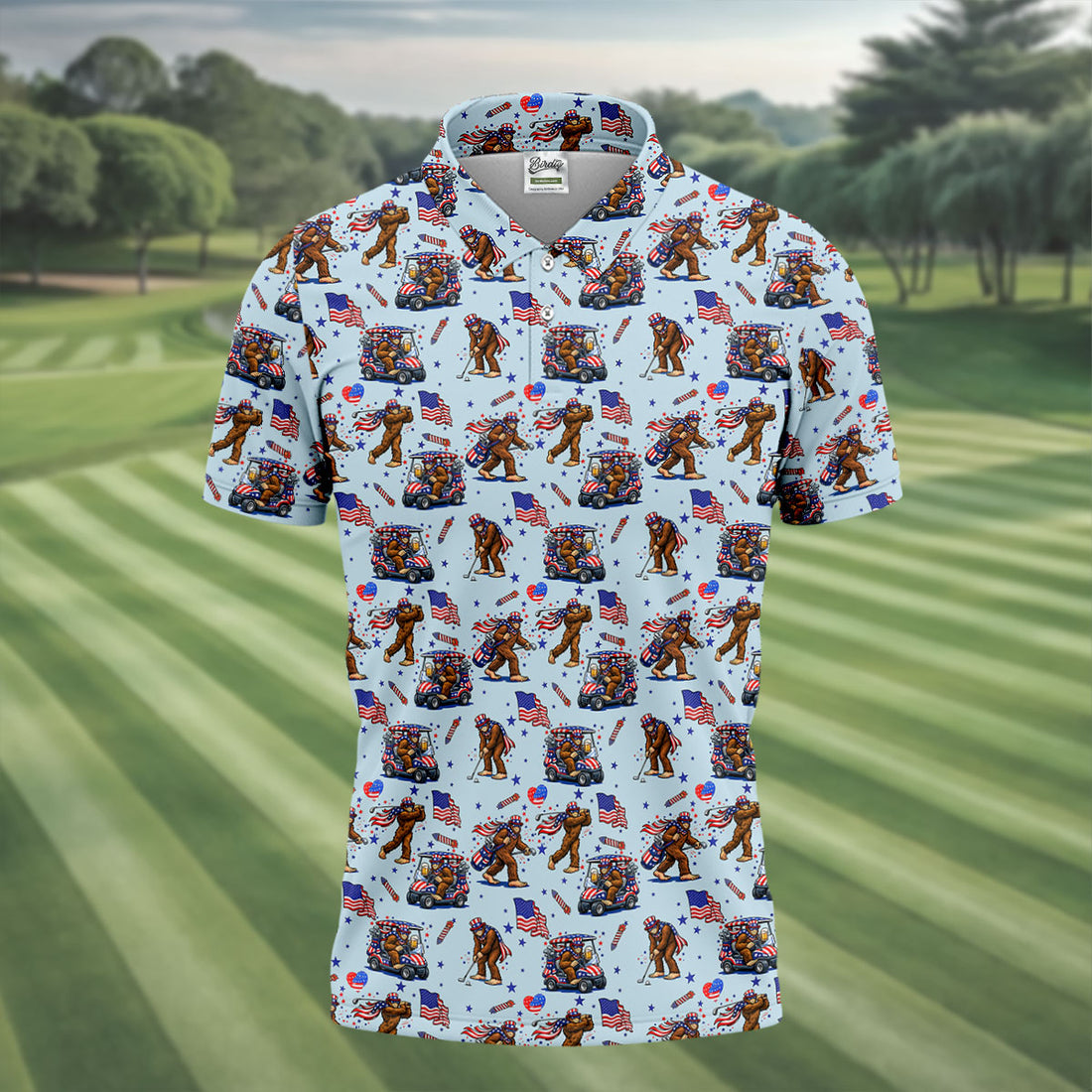 Funny Bigfoot 4th Of July American Flag Pattern Light Blue Golf Shirts For Men, 250th Anniversary Patriotic Golf Shirt