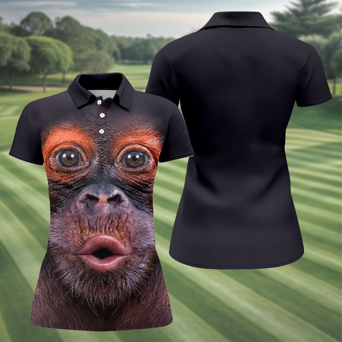 Funny Monkey Face Closeup Print Hawaiian Golf Polo, Golf Tops For Women, Golfing Apparel