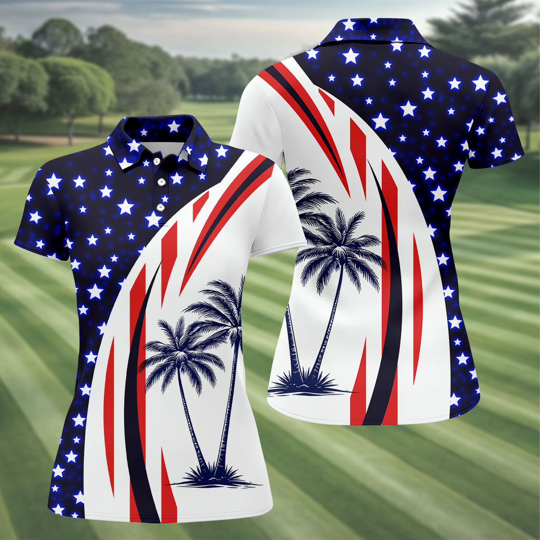 American Flag Palm Tree Golf Shirt, Hawaiian Golf Shirt, Ladies Golf Polo, Golf Shirts For Women