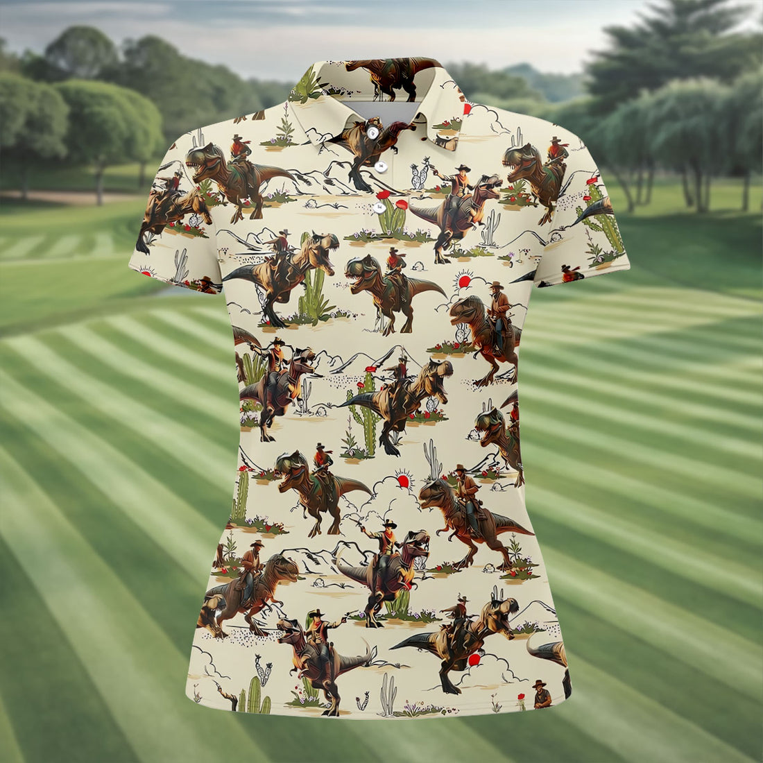 Cowboys Riding Tyrannosaurus Rex Dinosaurs Hawaiian Golf Polo, Golf Tops For Women, Golfing Apparel