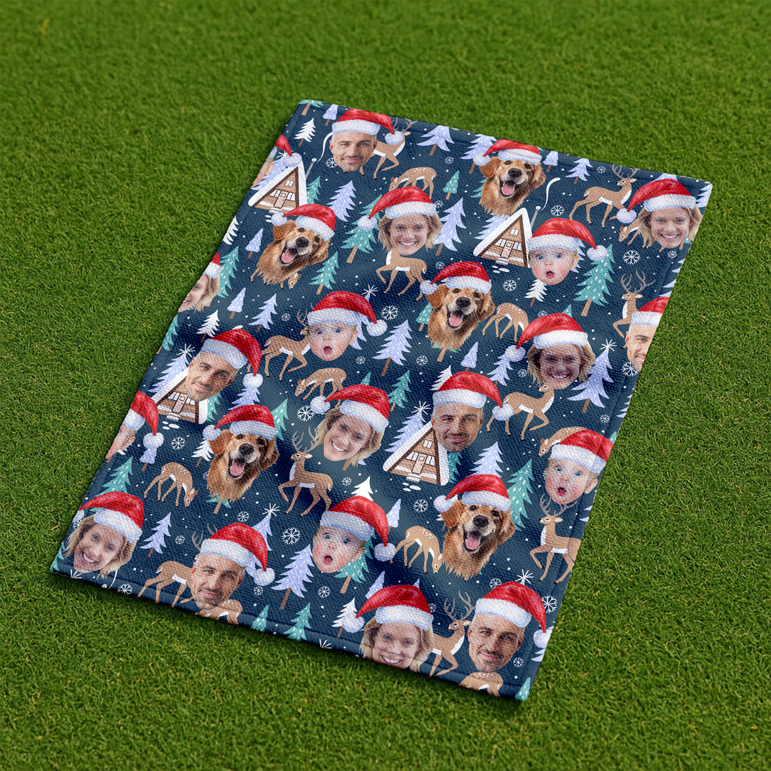 Custom Face Pine Tree Reindeer Dark Teal Green Golf Towels, Christmas Golf Gift, Custom Golf Accessories