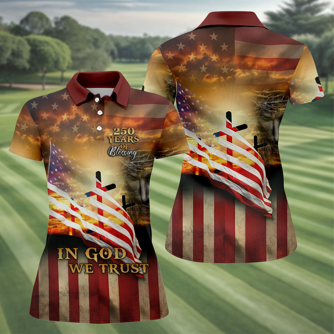 In God We Trust Polo Shirt, American Flag Golf Shirt For Women, 250th Anniversary Freedom Celebration Apparel