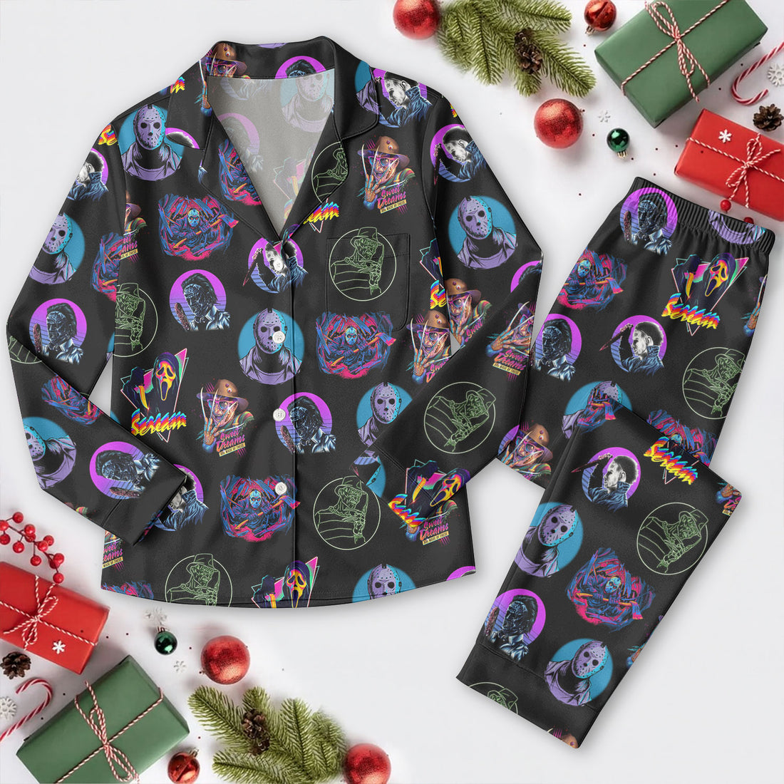 Classic Horror Characters Long Pajama Set, Horror Halloween Character Long Sleeve Pajama Set