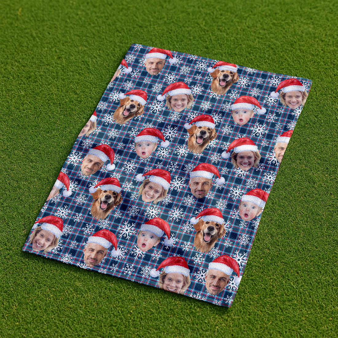Custom Face Red And Blue Plaid Snowflakes Print Golf Towels, Christmas Golf Gift, Custom Golf Accessories