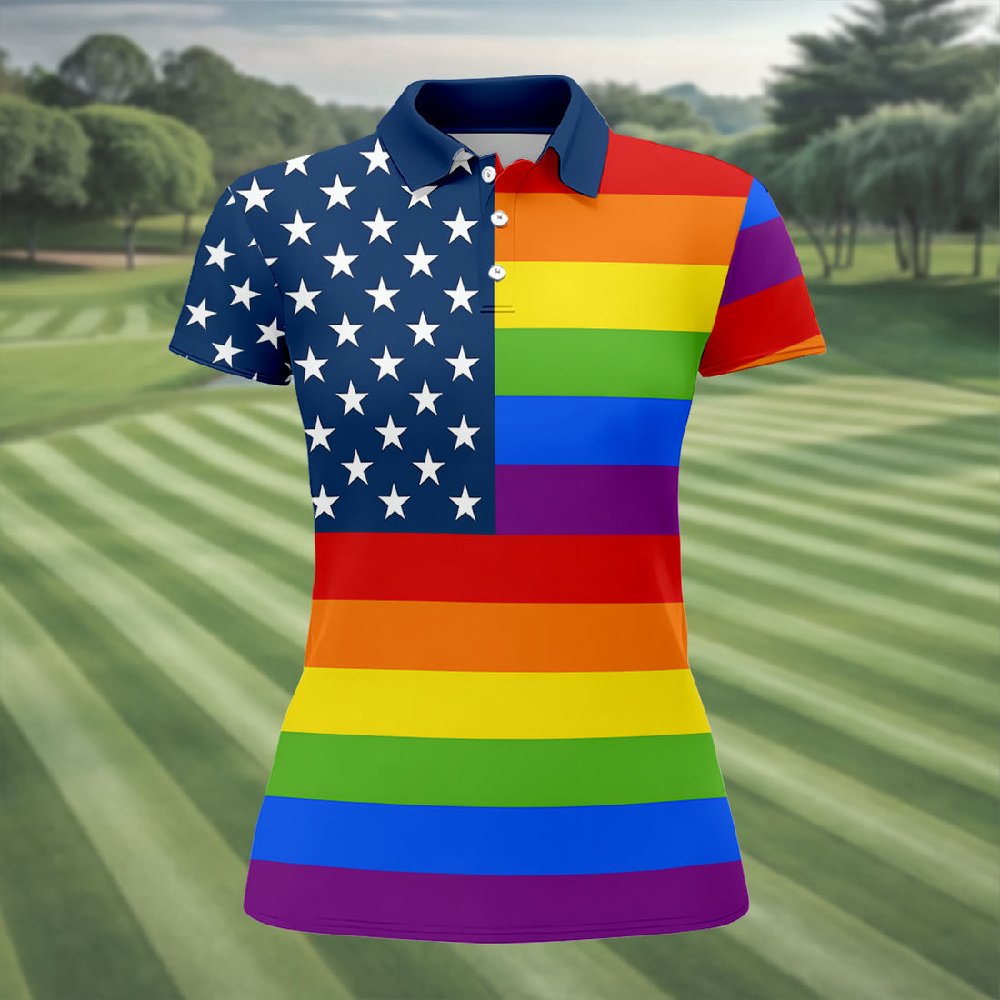 Gay Pride American Flag Ladies Golf Tops, Pride Month Golf Shirt For Women