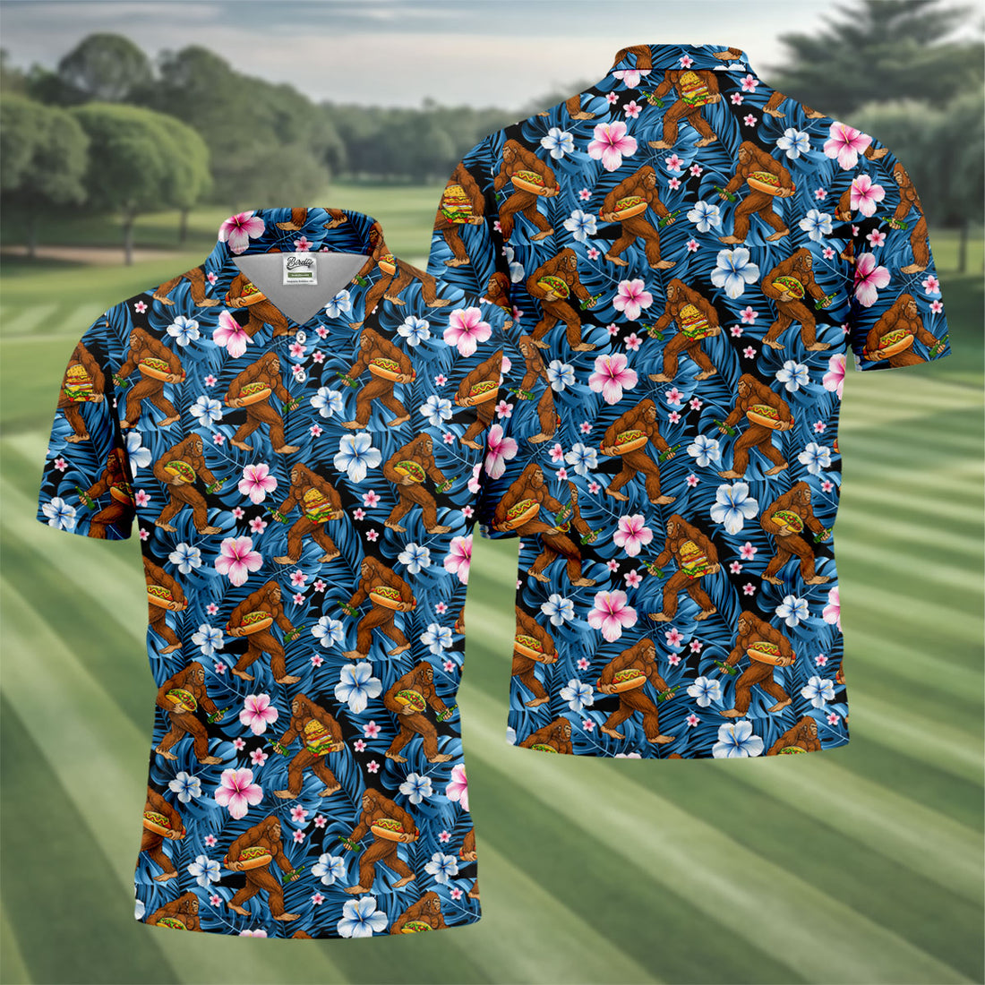 Tropical Bigfoot Burger Party Pattern Hawaiian Golf Polo, Golf Tops For Men, Golfing Apparel
