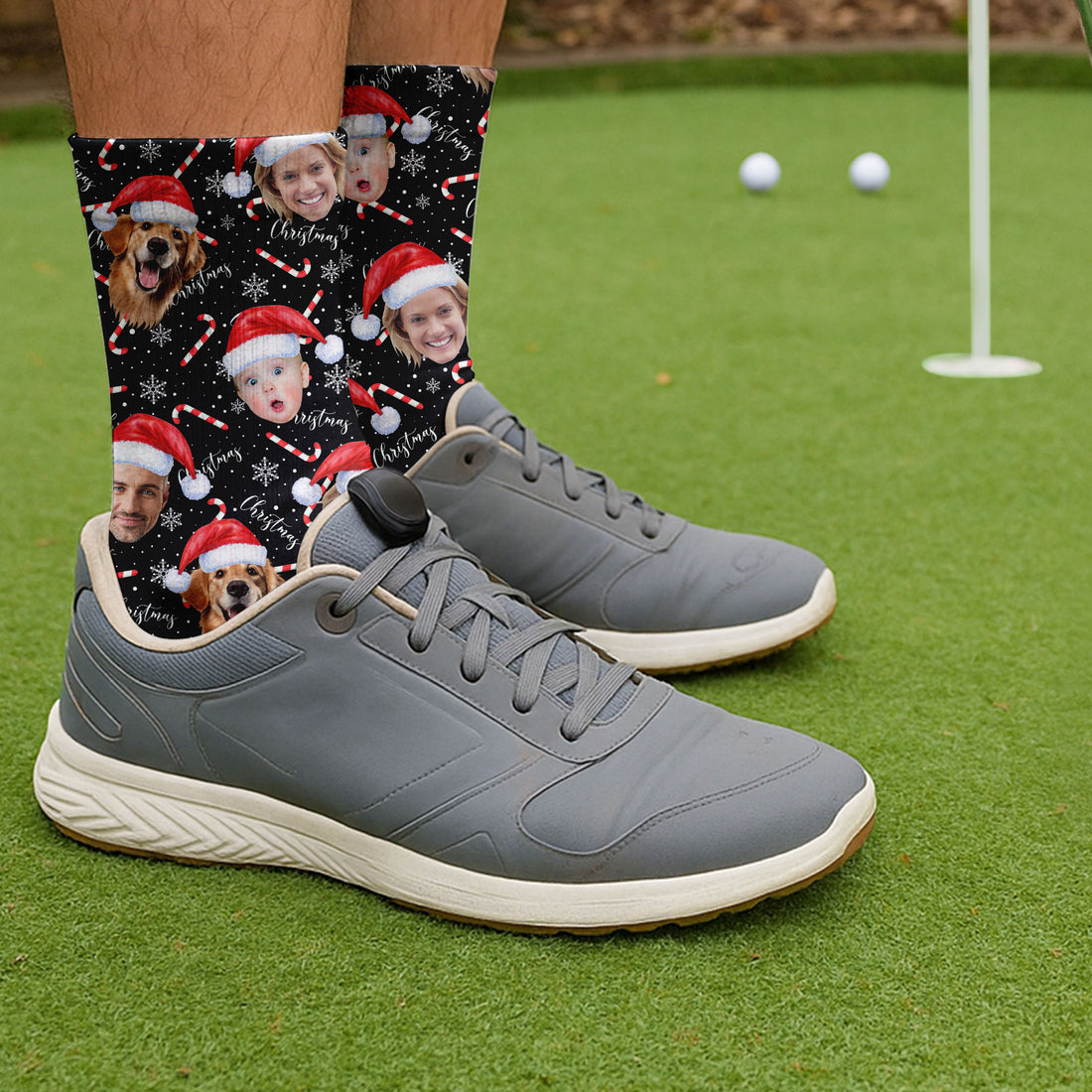 Custom Face Candy Cane Christmas Black Golf Socks, Christmas Golf Gift, Custom Golf Accessories