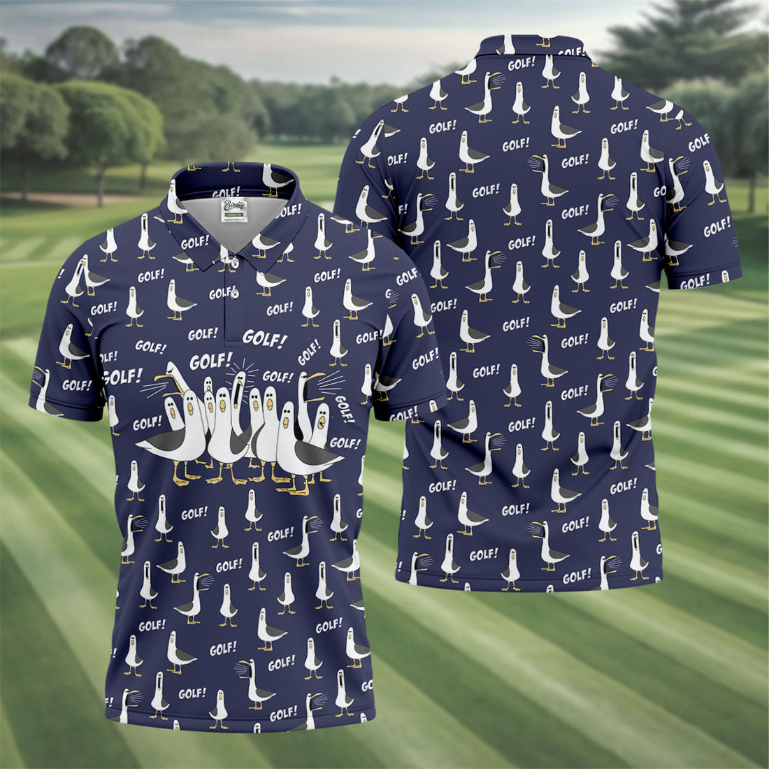 Funny Seagull Halloween Golf Shirt, Cartoon Bird Pattern, Mens Golf Apparel, Hawaiian Golf Shirt