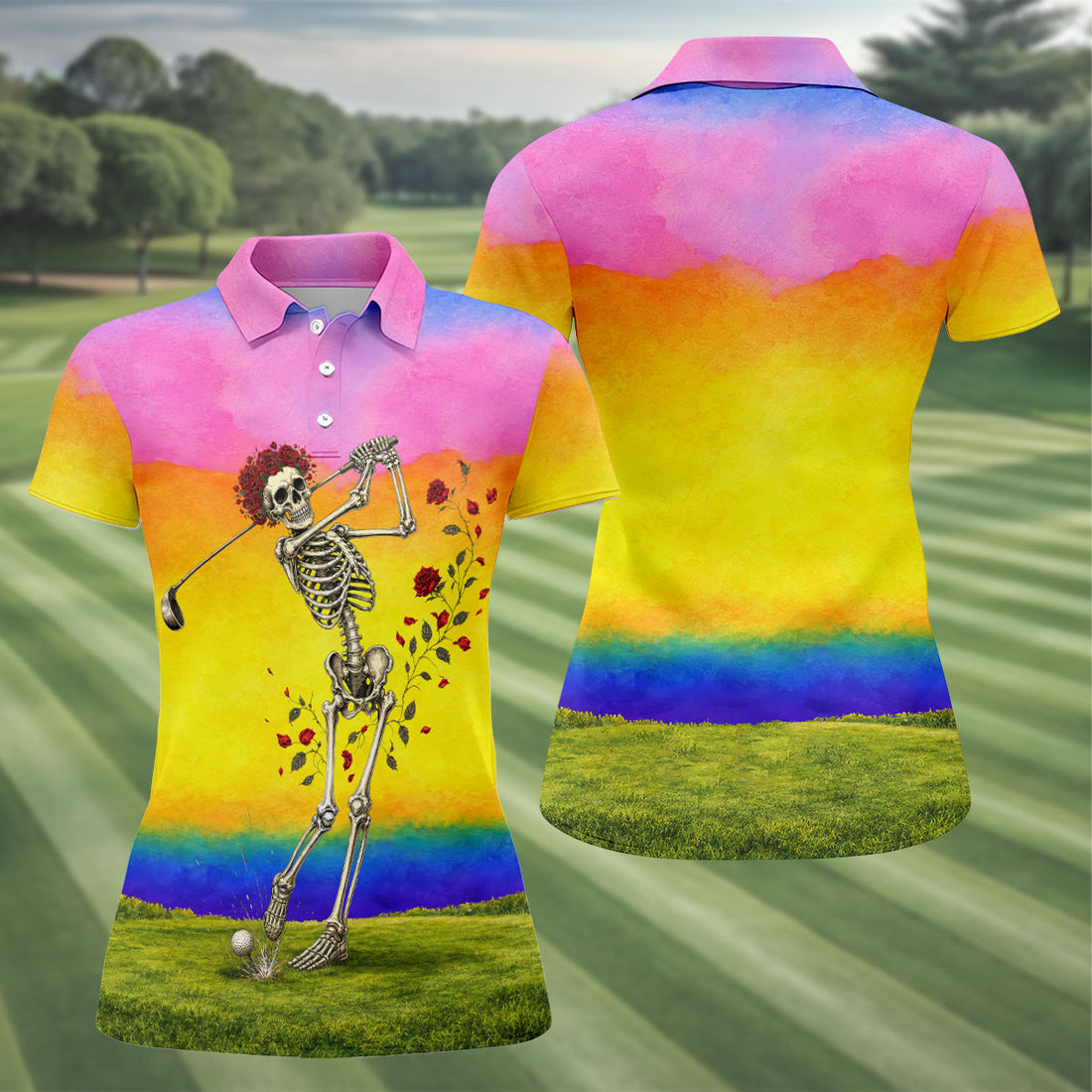 Rainbow Rose Skeleton Golfer Golf Polo Shirt, Women's Golf Polo, Ladies Golf Shirts