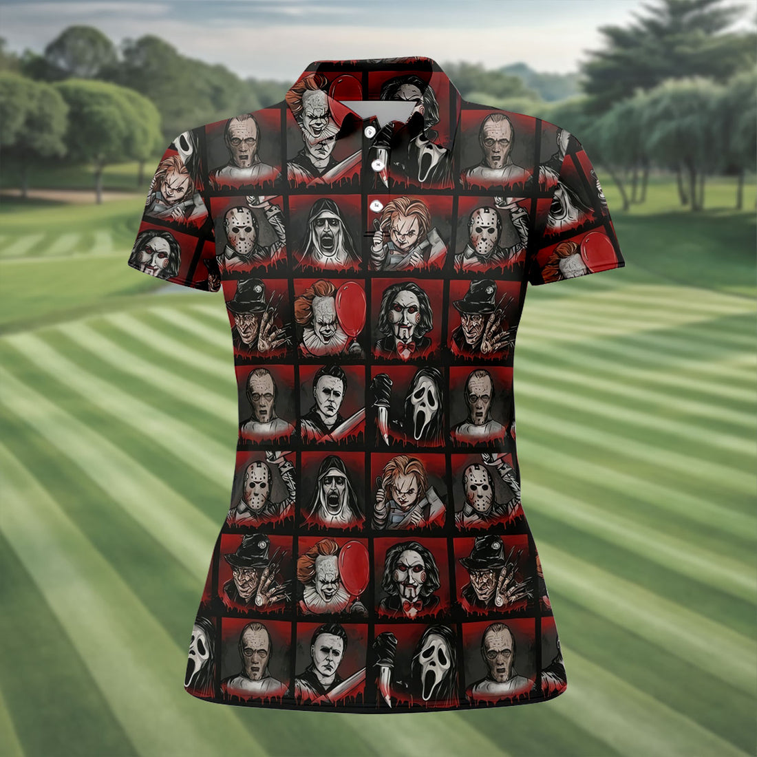 Horror Character Grid Halloween Golf Shirt, Ladies Golf Shirts, Women’s Golf Apparel