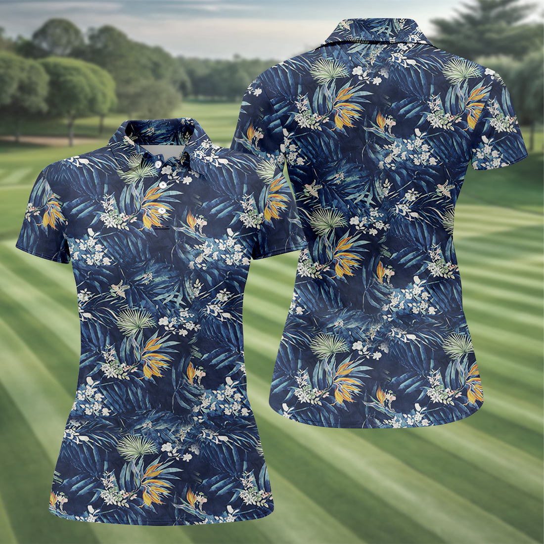 Navy Palm Tropical Hawaiian Vibe Women's Golf Shirts, Women's Golf Tops, Ladies Golf Shirts
