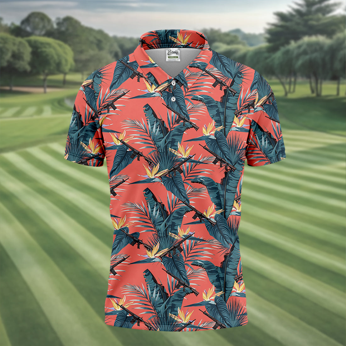 Tropical Palm Leaf And Rifle Pattern Coral Golf Polo, Printed Golf Shirts, Golf Apparel For Men