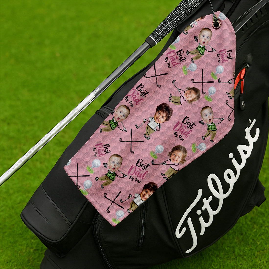Custom Golf Towel With Kids Photo Best Dad By Par, Custom Photo Pink Towel, Christmas Golf Gift