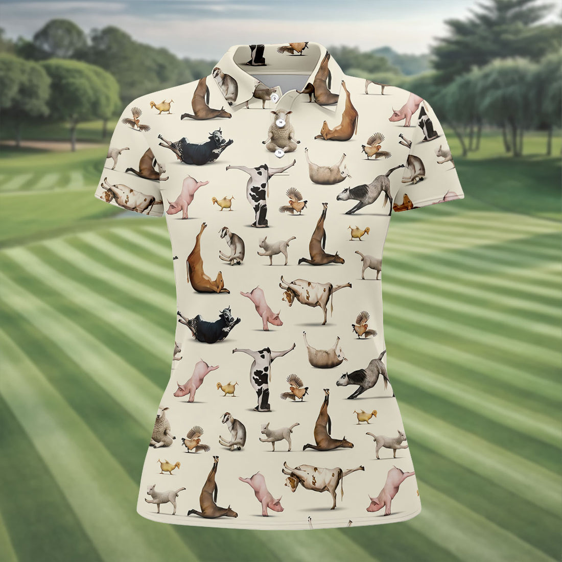 Funny Farm Animals Yoga Golf Shirt, Women's Golf Tops, Ladies Golf Shirts, Hawaiian Golf Shirt